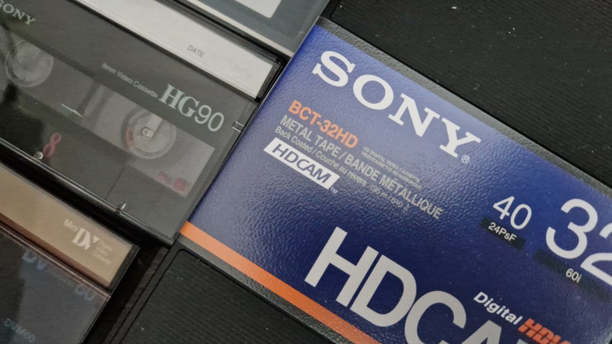 A selection of tape formats including Hi8, MiniDV and HDCAM cassettes